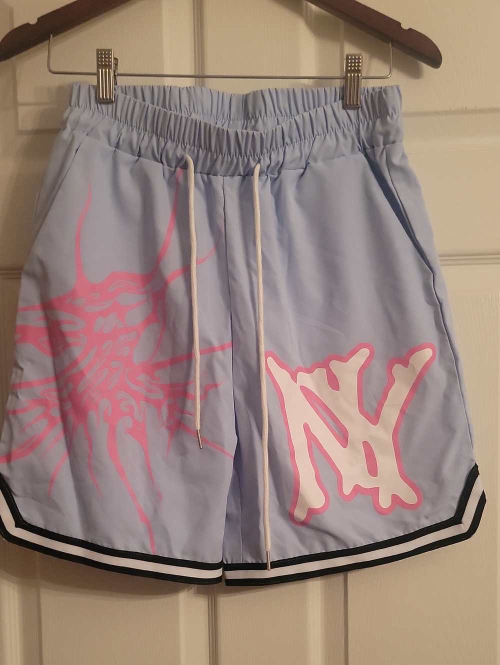 Light Blue Men's Graphic Drawstring Shorts - Pink Accents Never Worn